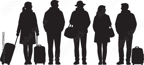 Silhouette People with Luggage Standing Together - Travelers Waiting at Airport or Train Station - Minimalist Black and White Vector Illustration