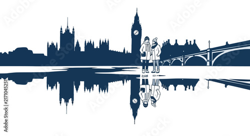 A stylized flat vector illustration depicts two people standing in front of the London skyline with Big Ben, featuring a symmetrical water reflection in a minimalist blue and white color.