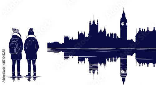 A dark blue silhouette of the Palace of Westminster skyline is reflected in a calm surface against a stark white background.