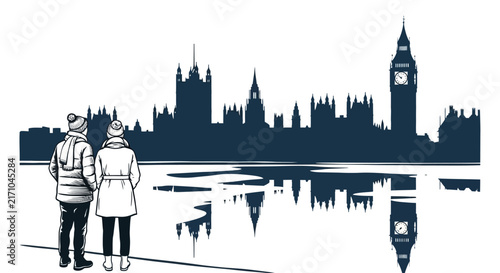 A minimalist blue and white illustration depicts the silhouette of a woman looking across the water at the iconic London skyline and its reflection.