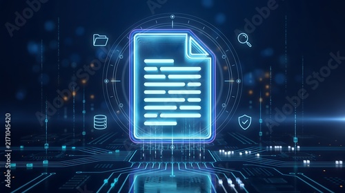 Futuristic Glowing Digital Document File Hologram Interface