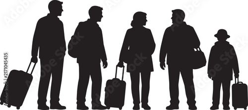 Silhouette Travelers with Luggage - Family Walking Together Carrying Suitcases and Backpacks for Vacation Trip Concept