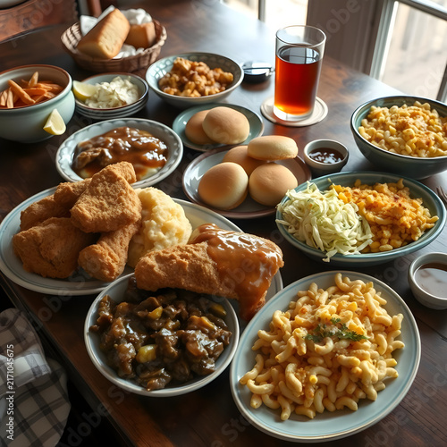 Rustic Southern American Food Feast Featuring Golden Fried Chicken, Buttery Biscuits, Macaroni and Cheese and Collard Greens