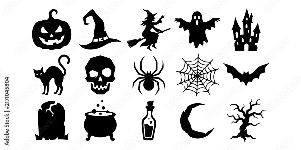 Fototapeta premium Halloween icon set with spooky symbols and holiday elements in black outline style. A collection of Halloween themed icons featuring pumpkins, ghosts, skulls, and witches in a clean line art style.