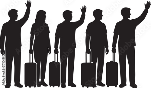 Group of Travelers with Suitcases Waving Silhouette Vector Illustration for Travel, Vacation, Airport, Tourism, and Departure Concepts