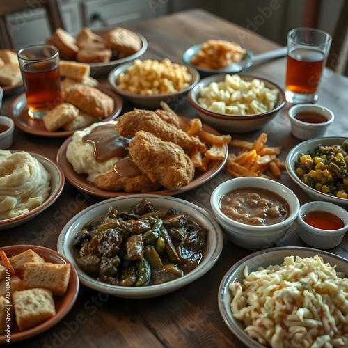 Traditional Southern Dinner Featuring Crispy Fried Chicken, Creamy Mashed Potatoes, Homemade Biscuits and Cornbread
