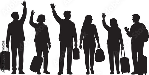 Silhouette Group of Travelers with Luggage Waving - Happy Business or Family Vacation Concept Vector Illustration