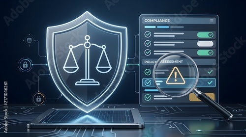 Digital Scale of Justice Shield with Cyber Security Compliance Warning