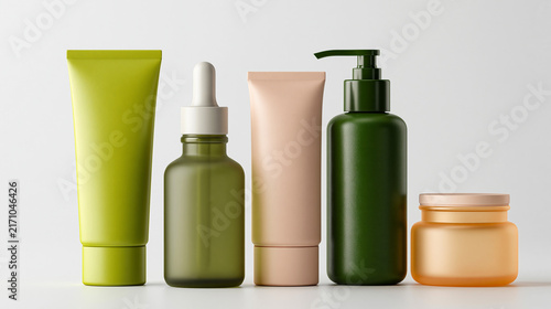 A collection of eco-friendly skincare products in sleek, modern packaging on a clean, minimalist background.