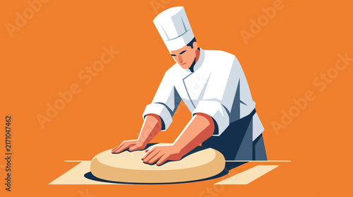 A professional chef wearing a white uniform and toque kneads fresh dough on a flat surface against a vibrant orange background.