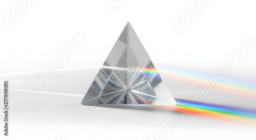 Triangular glass prism refracting white light beam into rainbow spectrum on white background.