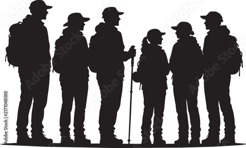 Group of Hikers with Backpacks Standing Together in Outdoor Adventure Silhouette Vector Illustration