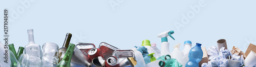 Konstfotografi Assorted Recyclable Waste Panorama with Glass, Metal, Plastic, and Paper Materia