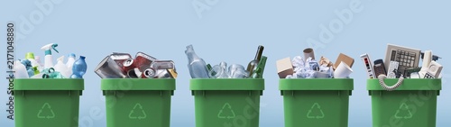 Quadro su tela Waste Sorting and Recycling Bins Concept with Plastic, Metal, Glass, Paper and E