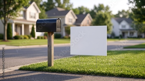 Blank yard sign and mailbox in sunny suburban neighborhood for real estate mockup