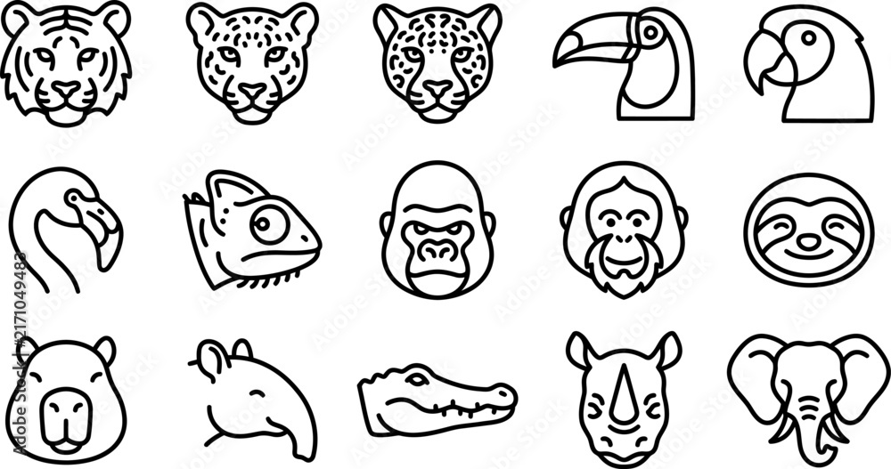 Naklejka premium Set of fifteen simple line art animal face icons featuring wild creatures from the jungle and savanna habitats
