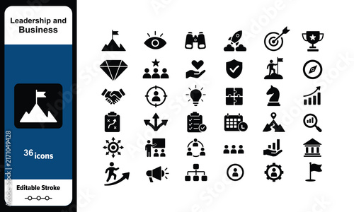 Leadership and Business Strategy Solid Icon Set with Teamwork Success and Management Symbols