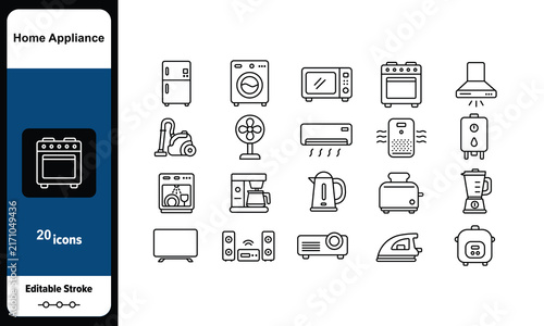 Home Appliance and Kitchen Electronics Outline Icon Set