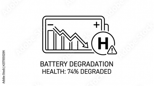 Obraz na plátně Battery degradation black line icon with graph and caution sign for electric vehicle maintenance