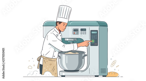 A male chef wearing a white uniform and tall hat operates a professional industrial kitchen mixer to prepare dough.