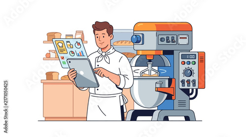 A professional baker in a white uniform uses a digital tablet to monitor baking data next to a large industrial stand mixer in a commercial kitchen.