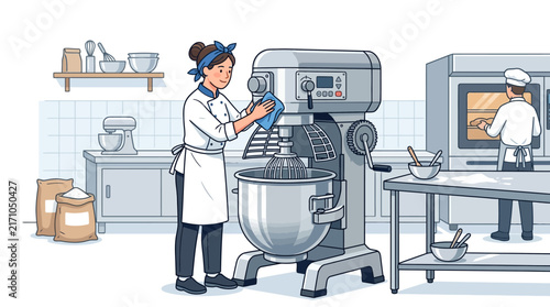 A female chef wearing a white apron and blue headband cleans a large professional stand mixer in a bright kitchen setting.
