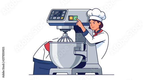 A professional chef wearing a white uniform and toque hat operates a modern metallic stand mixer in this clean vector illustration.