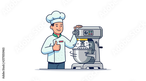 A cartoon illustration of a male chef wearing a white uniform and hat stands next to a silver electric stand mixer giving a thumbs up gesture.