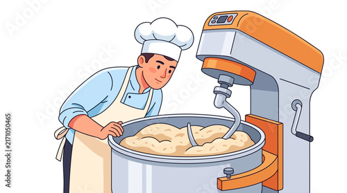 A male chef wearing a white toque and apron watches a large industrial mixer kneading dough in a bright, clean kitchen setting.