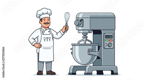 A cartoon chef in a white uniform and toque holds a wire whisk next to a large professional grey stand mixer on a white background.