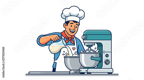 A cartoon chef wearing a white hat and apron pours milk into a mixing bowl while standing next to a stand mixer.
