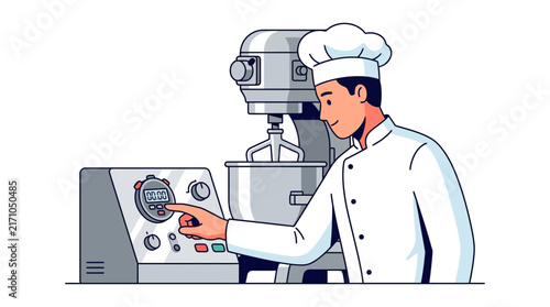 A male chef wearing a white uniform and toque stands beside a professional stand mixer and adjusts the digital control panel.
