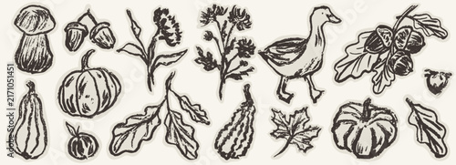 Grunge charcoal chalk autumn cut out leaves, mushroom, pumpkin and flowers scrapbook collage elements. Hand drawn garden and forest wax crayon stickers journal drawings. Vector illustration silhouette