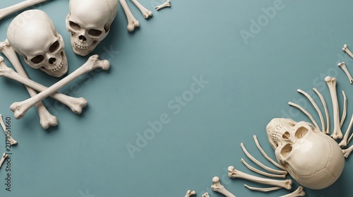 Top view of human skulls and scattered bones arranged as a frame on a dark green background