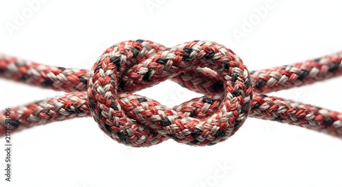 Square knot tied with red and black patterned climbing rope on white background.