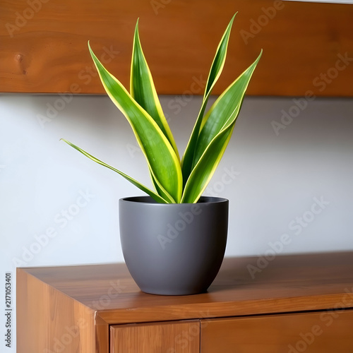 Snake plant in a gray plant pot on a wooden cabinet