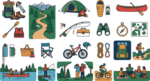 Camping and outdoor adventure vector icons set featuring hiking gear tent fishing tools canoeing cycling and active tourists characters