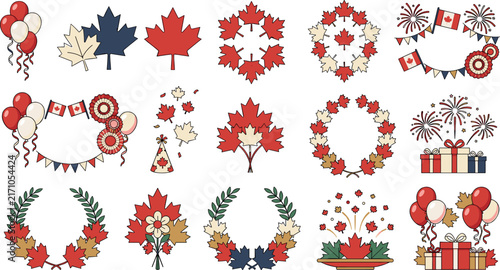 Canada Day celebration elements vector icon set featuring maple leaves national flags fireworks balloons party decorations and holiday wreaths