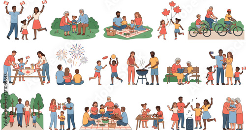 Canada Day diverse families celebration cartoon characters set with picnic barbecue cycling fireworks and outdoor summer holiday activities