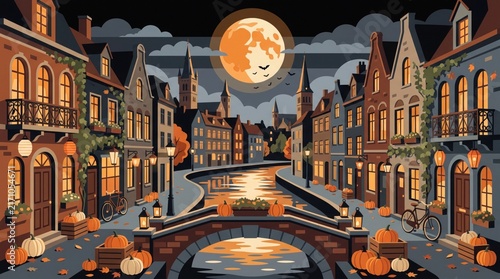 Enchanted halloween canal town at night