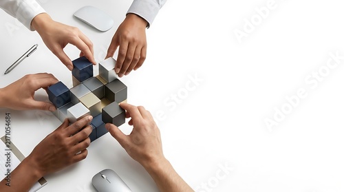 Diverse business team collaborating on building a structure with small blocks on a white desk.