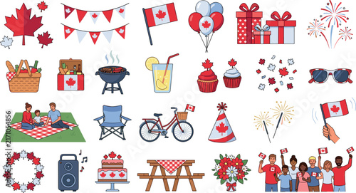 Canada Day holiday celebration vector icons set with barbecue picnic flags maple leaves cartoon people fireworks and party elements