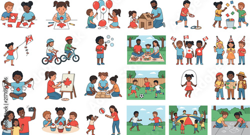 Canada Day kids activities and summer camp games cartoon characters set with crafts sports picnics and holiday celebrations