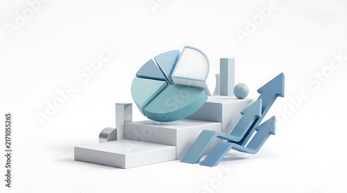 3D render of a pie chart and upward trending arrows on a staircase.