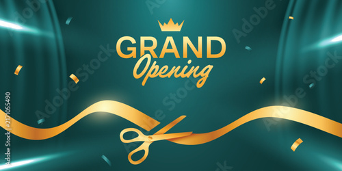 Grand opening background with cutting golden ribbon and curtain open.