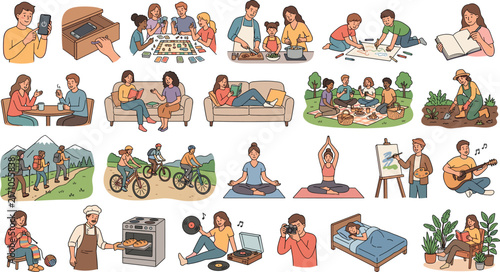 Digital detox and wholesome offline hobbies cartoon icons set with people cooking gardening reading painting and doing sports