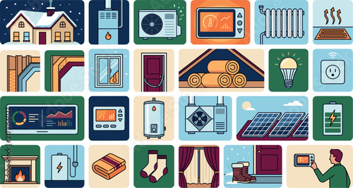 Home heating and energy efficiency vector icons set with heat pump solar panels smart thermostat boiler and insulation elements