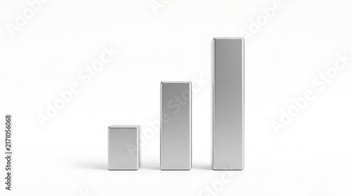 Three silver 3d bar chart columns representing growth and business progress on white background.