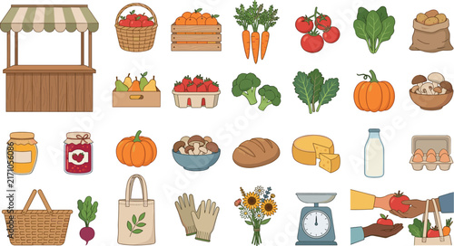 Local farmers market fresh organic agriculture flat vector icon set featuring vegetables fruits dairy bakery and grocery shopping stand elements