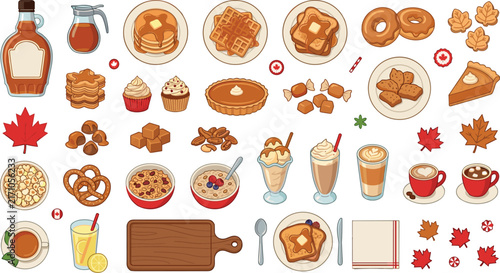 Maple syrup and autumn breakfast food vector icons set with pancakes waffles french toast coffee desserts and sweets collection